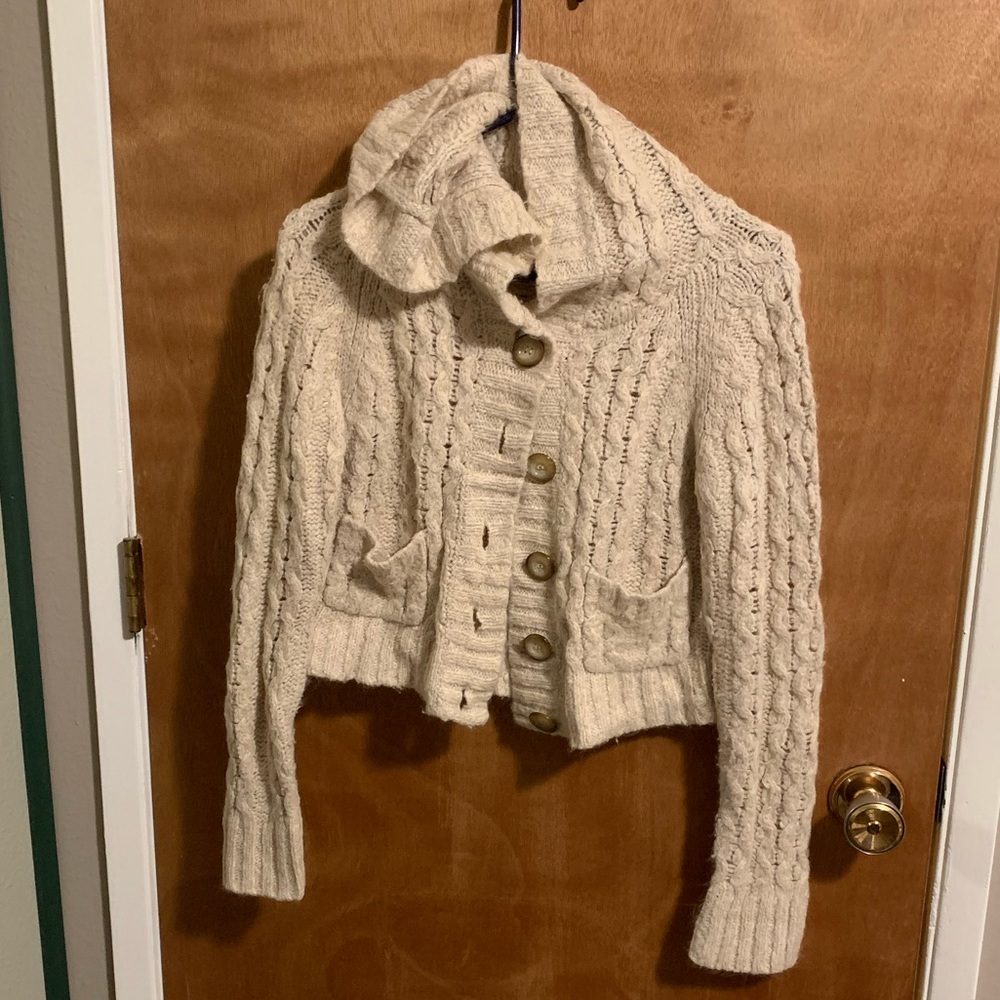 Free people hooded cream button up sweater sz s
